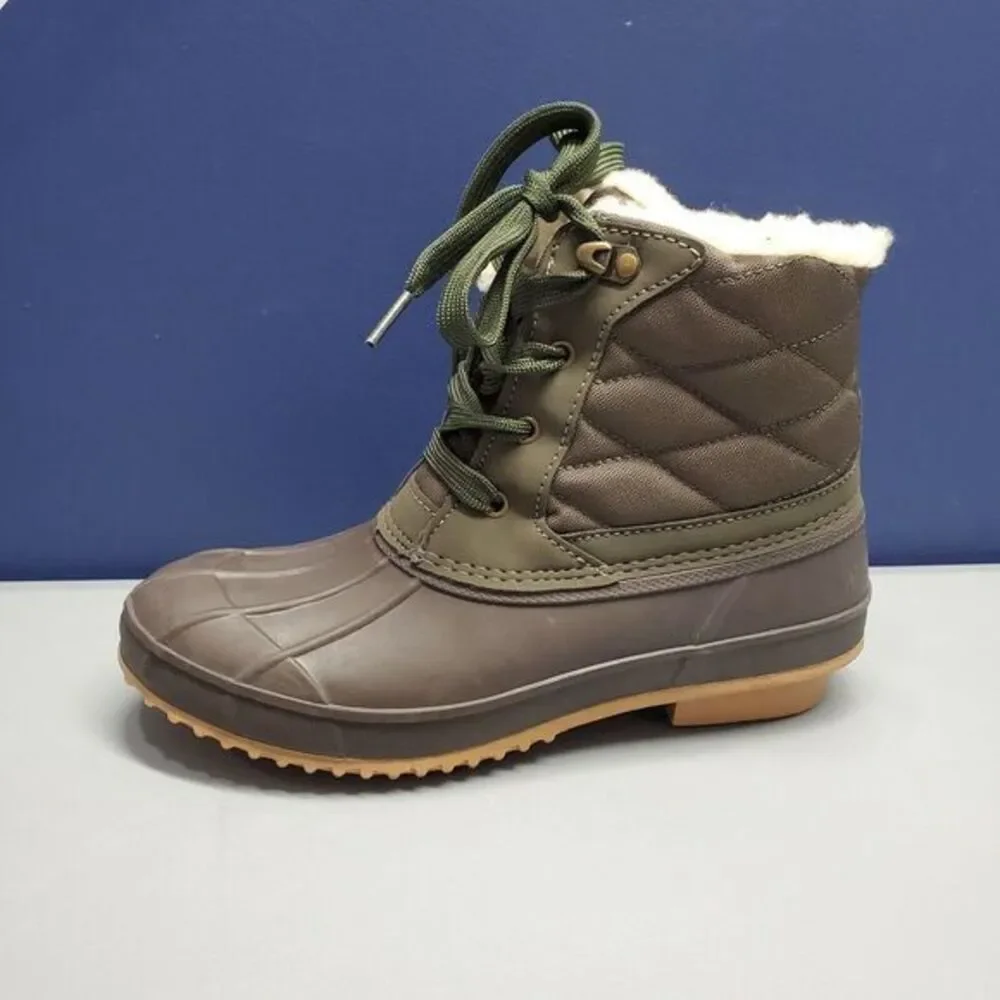 Khombu Zany Waterproof Duck Boots Womens Sz 7 Grey Green Synthetic Faux Fur Trim